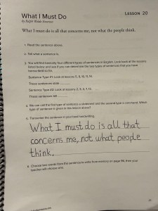 A grammar workbook lesson page filled out by student