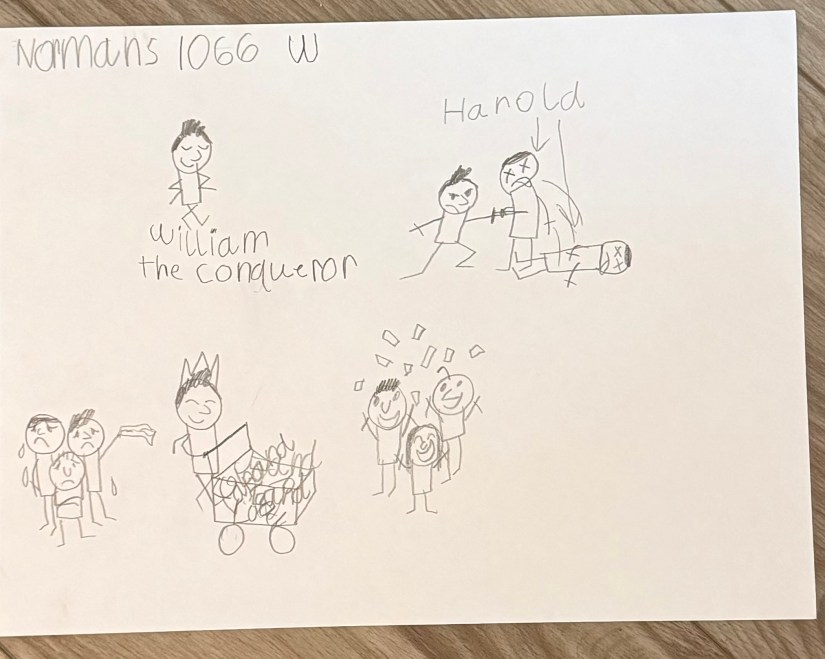 A child's illustration of William the Conqueror coming to England, killing King Harold, taking the people's money and giving it to his Norman barons