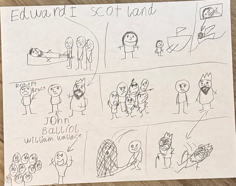 A child's illustration of Edward I fighting for Scotland