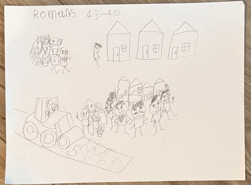 A child's illustration of the Roman takeover of Britain