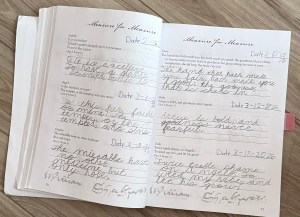 A two page spread from a copywork book showing a child's cursive writing copying the quotes from Measure for Measure