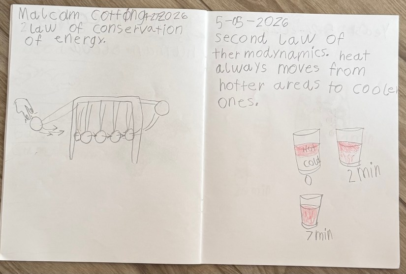 A two page spread of a child's science journal. The left page shows the Law of Conservation of Energy in action with a Newton's Cradle. The right page shows an demonstration of the second law of thermodynamics using food coloring and water.