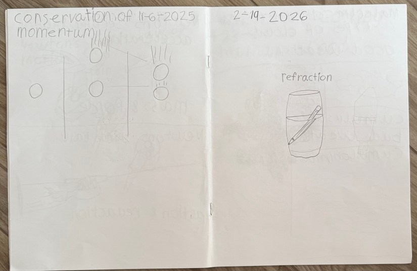 Pages from a child's science journal. One left page shows a drawing representing the Conservation of Momentum. The right page shows a drawing of a pencil in a cup of water to illustrate refraction.